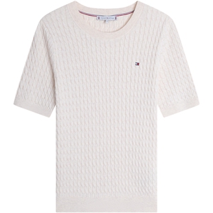 Tommy26春夏新款女装纯棉优雅休闲纯色绞花圆领麻花短袖针织衫