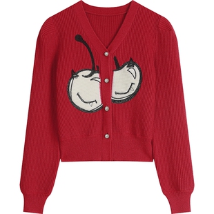 妖精的口袋樱桃红色甜美开衫毛衣女2026年春秋新款设计感修身显瘦