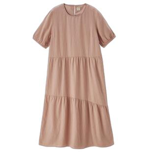 佐丹奴棉麻裙子女新款亚麻气质减龄泡泡袖薄款圆领连衣裙05464323
