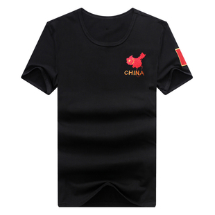 CHINA修身弹力女黑t夏季纯棉剌绣中国地图t恤迷彩半袖运动风短袖