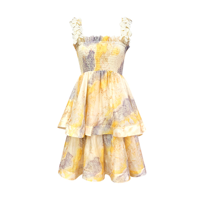 FLONAKED设计师黄色晕染印花可拆式花瓣肩带荷叶边连衣裙小众设计