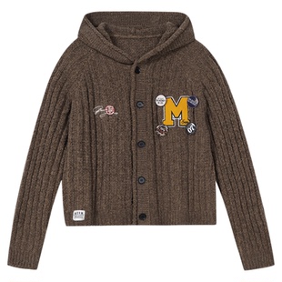 MEDM 粗坑条针织字母休闲开衫连帽毛衣美式简约保暖情侣针织衫冬