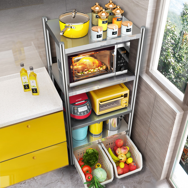 厨房置物架落地多层带轮不锈钢家用微波炉烤箱锅储物收纳架子橱柜