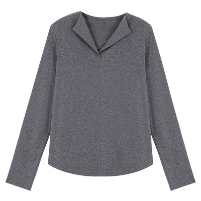 酒红色翻领长袖t恤女打底衫