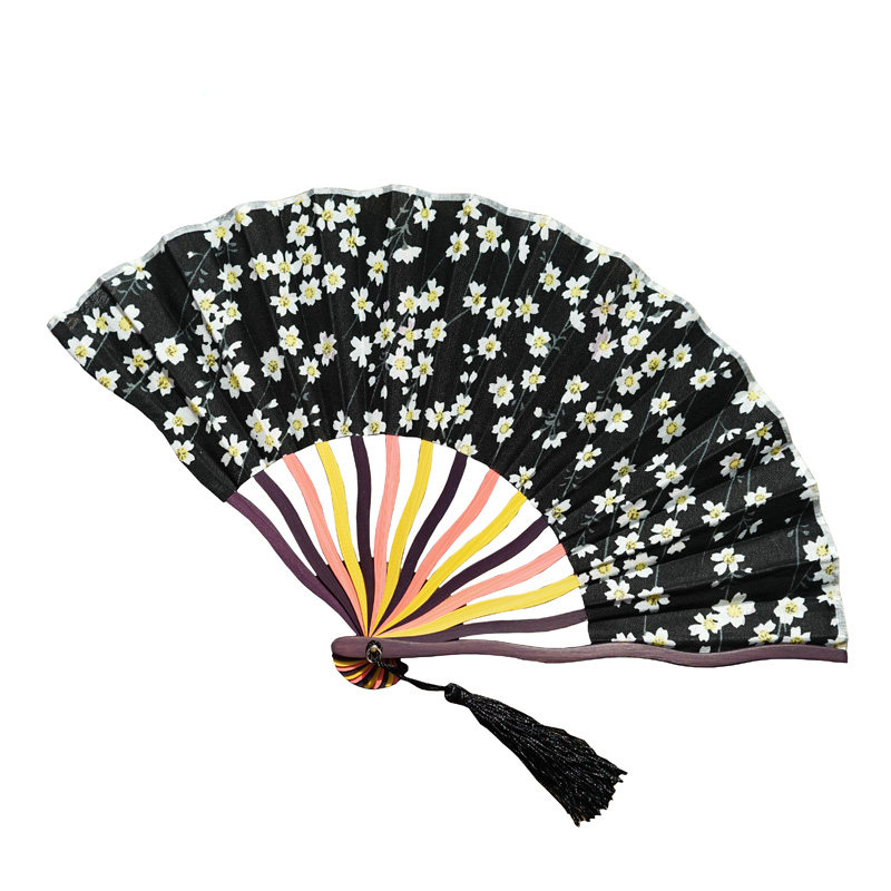 龙骨龙曲汉服古风折扇黑色粉色和风布面樱花复古女扇日式日用扇子