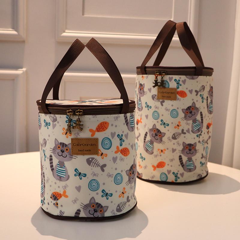 日式学生饭盒袋圆形圆桶铝箔加厚大容量防水手提便当包保温桶包袋