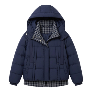 采多宝大码女装胖mm2025冬季新款连帽格子假两件宽松加厚羽绒服