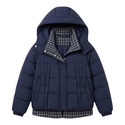 采多宝大码女装胖mm2025冬季新款连帽格子假两件宽松加厚羽绒服