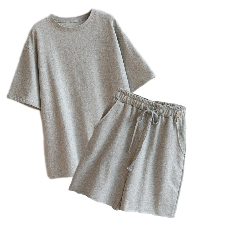 纯棉女装夏季白色短袖短裤休闲宽松运动服套装减龄纯色跑步两件套