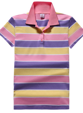 条纹短袖上衣棉韩版薄纽扣女POLO