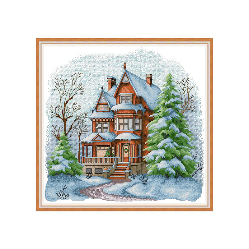 冬日雪景别墅十字绣 欧式复古小木屋松树雪景客厅手工刺绣挂画