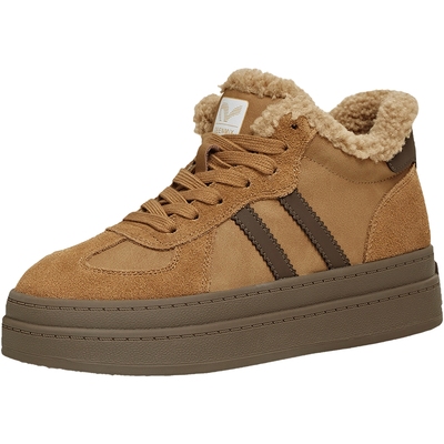 天美意厚底增高复古德训鞋运动板鞋女加绒休闲鞋毛毛鞋2025冬新款