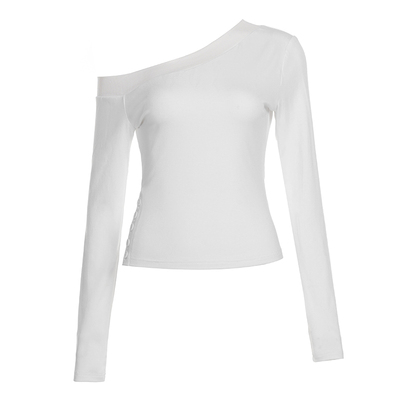 美式复古简约斜肩开叉收腰长袖T