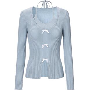 明星同款糖力 浅蓝色长袖假两件挂脖针织衫女春秋修身打底衫上衣