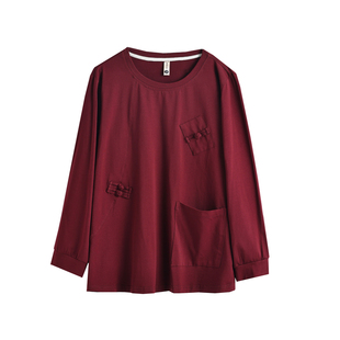 妈妈t恤纯棉长袖特大码宽松上衣中老年女装减龄胖人洋气小衫遮肚