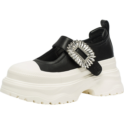 CDF女鞋2025夏季新款时尚百搭真皮厚底玛丽珍鞋水钻魔术贴休闲鞋