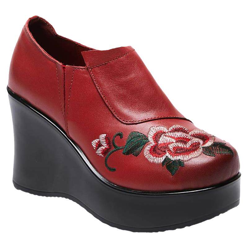 春季真皮花朵皮鞋民族风妈妈单鞋