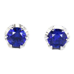 18K白金天然皇家蓝宝石心形六爪耳钉 圆形正蓝色迷你精致耳环女款