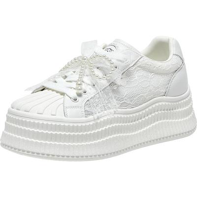 百思图夏商场新款贝壳头珍珠蕾丝小白鞋厚底女休闲鞋E0322BM5