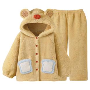 『黄油の熊』卡通美拉德加厚珊瑚绒睡衣女冬季保暖连帽家居服套装