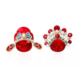 故宫红色耳钉女戏曲脸谱中国风新娘新郎过年耳环民族风新年耳饰品