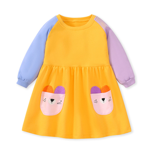 女童撞色长袖卫衣连衣裙子宝宝纯棉秋冬装儿童口袋公主裙3岁6韩版