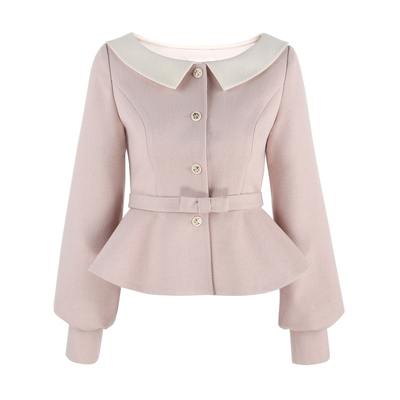 浅粉色毛呢收腰长袖外套女