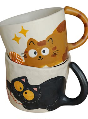 猫咪小象景德镇陶瓷手绘水杯子高温釉下彩马克杯咖啡杯可爱伴手礼