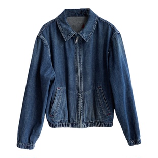 韩国女装复古拉链合身翻领松紧衣脚纯棉长袖牛仔外套上衣春秋F104