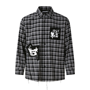 PASET美式复古贴布印花格子衬衫男纯棉休闲宽松慵懒感毛边衬衣