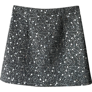 洋气miu系复古重工钉珠亮片毛呢料短裙女秋冬包臀闪闪a字半身裙子