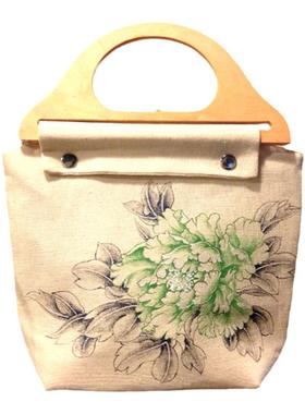 新品定制个性创意棉麻包百搭民族风手绘包花卉图案木柄手提包拎包