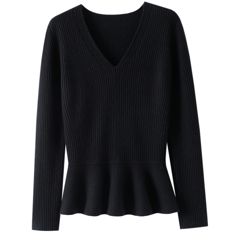 处处透露气质感~加厚100%纯山羊绒衫女V领荷叶花边纯羊绒毛衣秋冬