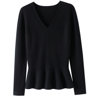 处处透露气质感~加厚100%纯山羊绒衫女V领荷叶花边纯羊绒毛衣秋冬