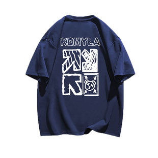 重磅纯棉独特原创潮酷印花短袖T恤ins简约校园风女夏藏青色上衣bf