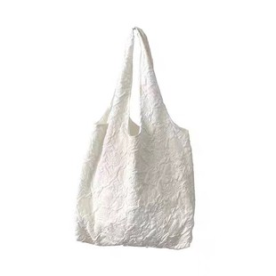 韩国ins褶皱压花艺术感白色大容量百搭立体单肩包帆布袋学生书包