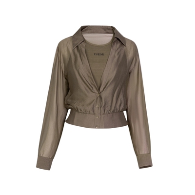 XG雪歌XK121008A309咖色长袖翻领衬衫2025春季新款微透通勤上衣女