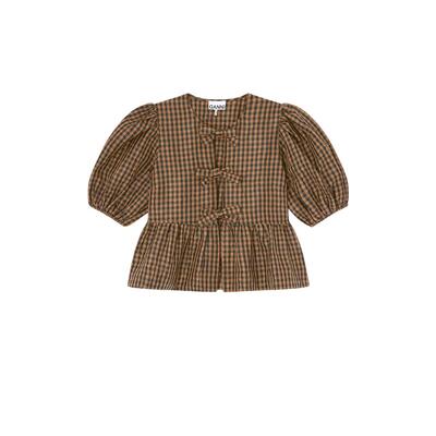 【甄选折扣】GANNI女装 格纹荷叶边系带半袖上衣衬衫 A1040085925