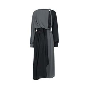 sdeer圣迪奥春装女装圆领露肩撞色拼接垂坠连衣裙S241Z12D5