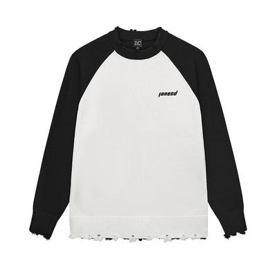 JC/Janecd撞色毛衣男女冬款慵懒风拼接插肩袖圆领磨破潮牌针织衫