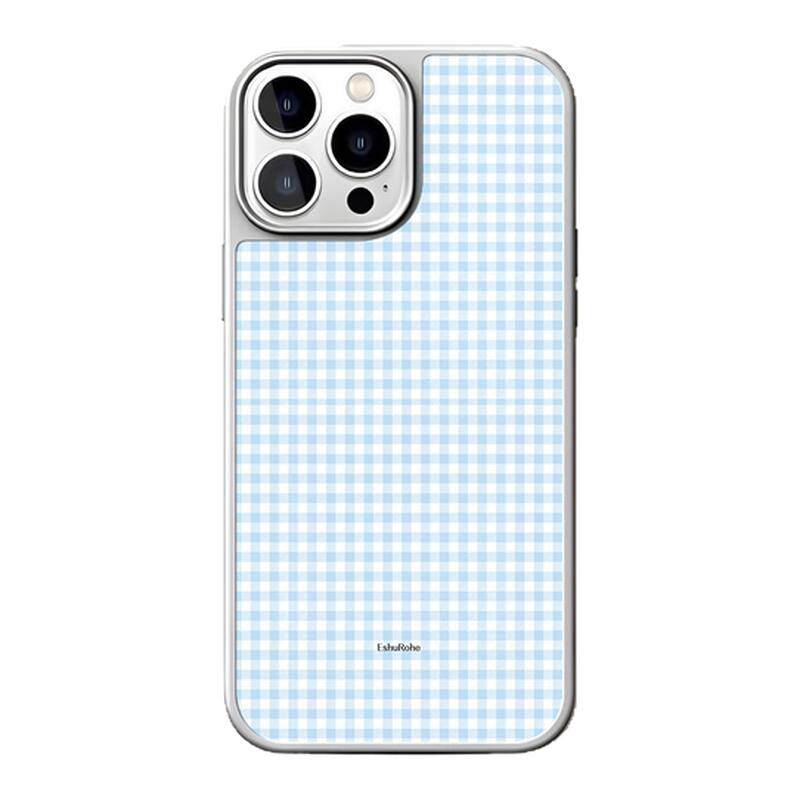 EshuRohe海盐格子纹韩系浅蓝色ins苹果iPhone16max高级感17air小众15pro新款磨砂14plus防