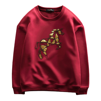 潮牌重工刺绣奔马图案圆领卫衣男