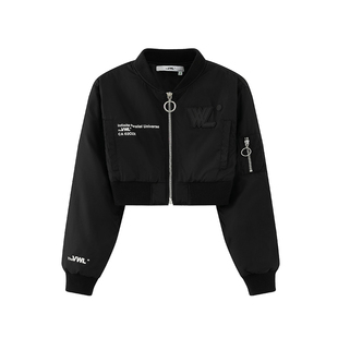 VWL短款棒球服春秋季薄棉新款黑色女休闲夹克上衣修身短外套