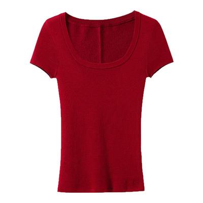 100%绵羊毛大U领短袖修身针织衫