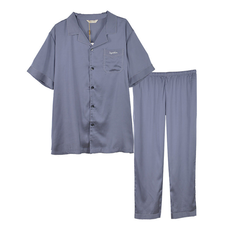 绮瑞夏季情侣仿真丝睡衣短袖长裤开衫套装女夏款丝绸时尚男家居服
