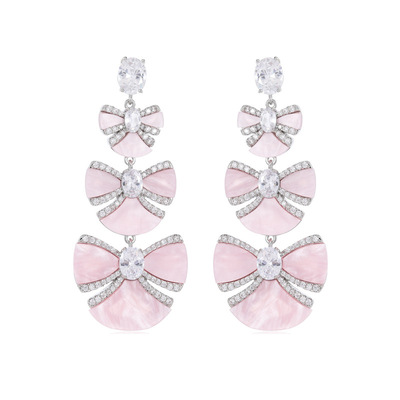 法式复古高级感耳饰网红气质夸张大气扇形花瓣锆石仿粉贝长款耳环