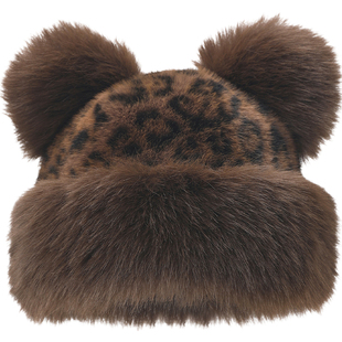 畹町豹纹带耳朵毛绒帽子女秋冬季保暖盆帽时尚复古加厚防寒蒙古帽