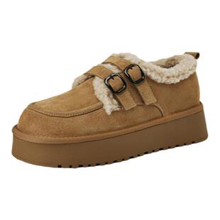 星期六网红厚底毛毛鞋保暖乐福鞋女冬季新款皮带扣加绒勃肯鞋