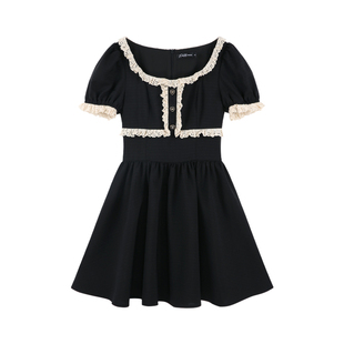 【清仓价】赫本风黑色方领法式连衣裙女夏季收腰蓬蓬公主裙a字裙