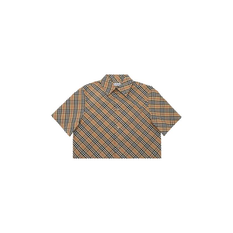 【自营】BURBERRY/博柏利女士SS25格纹棉质高腰宽松短款短袖衬衫